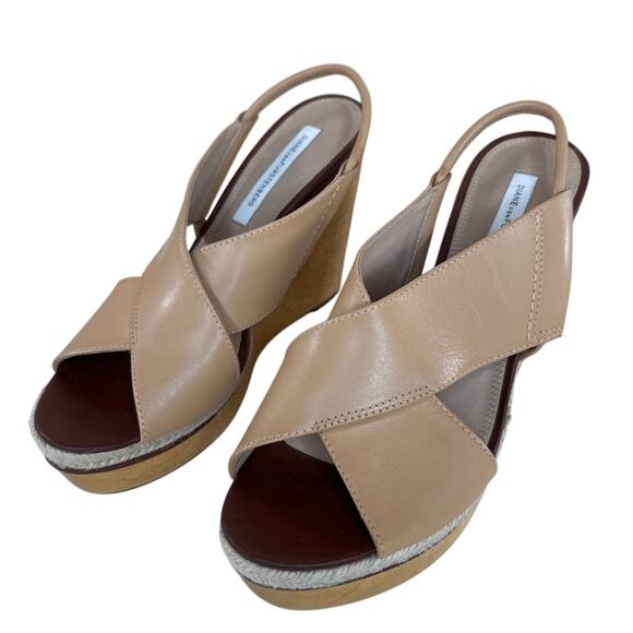 Diane von Furstenberg Tan Leather Cross Strap Slingback Wedge Sandals 7.5 - Picture 1 of 8